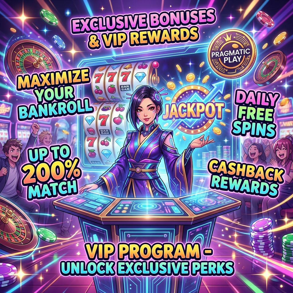 A visually stunning 1:1 image in a vibrant anime style showcasing exclusive casino bonuses and VIP rewards. An Asian female presenter in a futuristic kimono-inspired outfit stands at a podium amidst a dazzling casino floor with holographic slot machines. Text overlays highlight promotions like “Up to 200% match” and “VIP Program.” A subtle Pragmatic Play logo is integrated into the scene. This image aims to attract players with exciting opportunities to maximize their bankroll and enjoy a premium casino experience.


