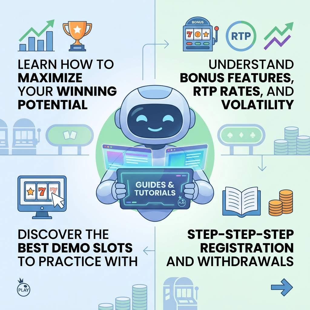 A clean and informative 1:1 infographic image designed to guide new players through online casino gaming. A friendly robot avatar holds a tablet displaying helpful tutorials on Pragmatic Play slots, including maximizing winnings, understanding bonus features, and practicing with demo games. Text overlays highlight key benefits and steps. A subtle Pragmatic Play logo is integrated into the design. This image aims to make online casino gaming accessible and approachable for beginners.


