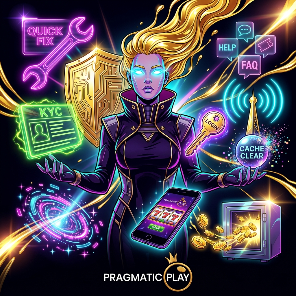 A high-end cyberpunk illustration for Pragmatic Play support, featuring a stylized guide with neon eyes, golden troubleshooting icons, and secure login symbols in a vibrant black, gold, and neon color palette for Singapore players.

