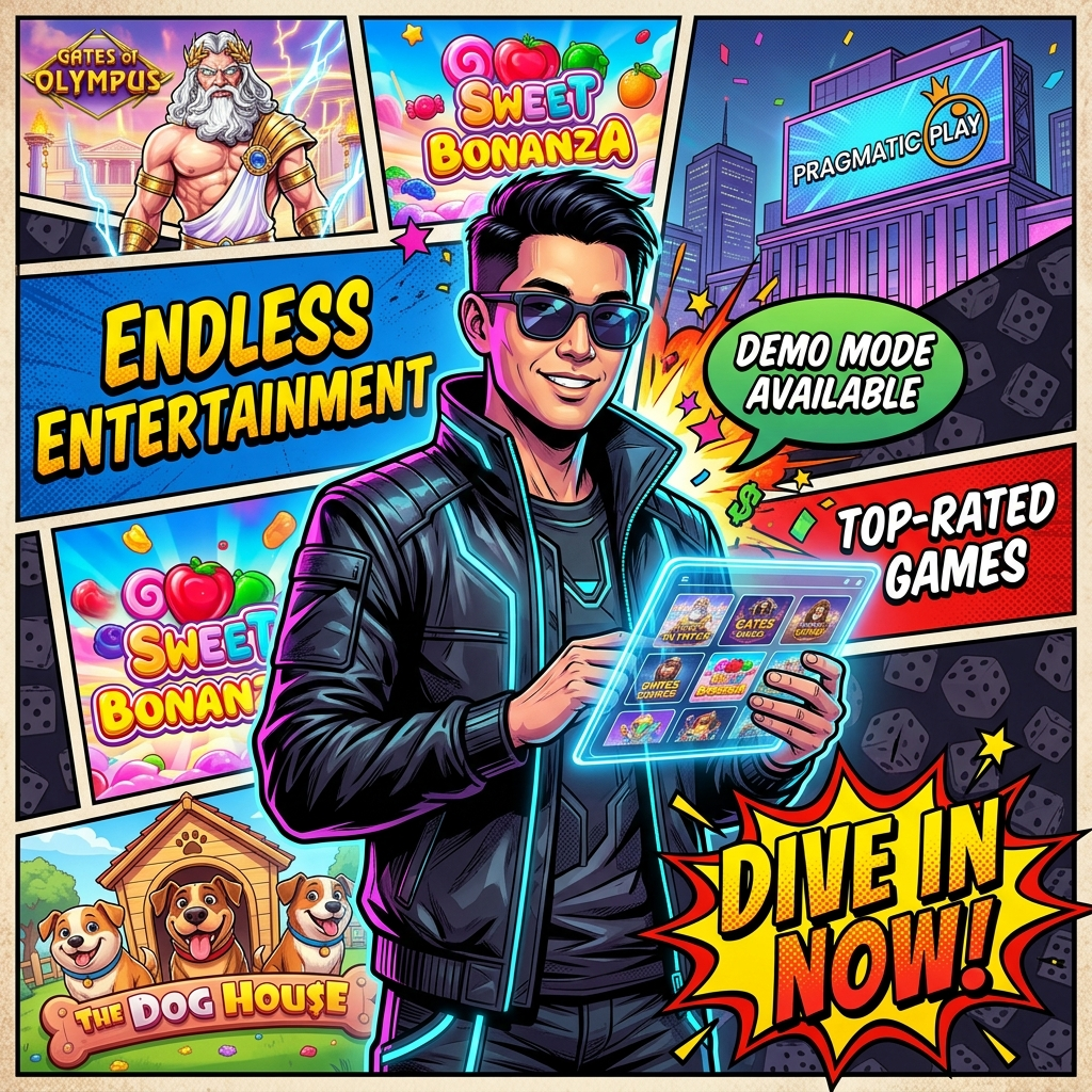 A dynamic 1:1 comic-book style image showcasing the vast library of Pragmatic Play casino games. An Asian male presenter confidently displays a grid of popular slots and table games on a glowing tablet. The image highlights the availability of demo mode and top-rated games, inviting players to dive into endless entertainment. This visual aims to attract Pragmatic Play fans seeking a thrilling and accessible online casino experience.


