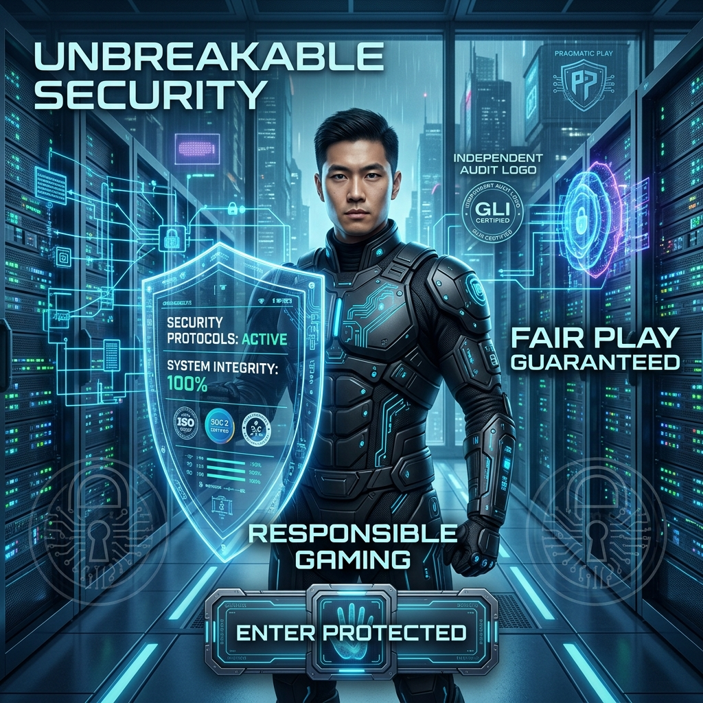 A secure 1:1 cyberpunk-style image showcasing the bank-level security and licensed operations of Pragmatic Play casino games. An Asian male presenter in an armored suit displays holographic security protocols and certifications. The image highlights encryption, fair play, and responsible gaming, assuring players of a safe and trustworthy online casino experience. This visual aims to attract players prioritizing security and reliability.


