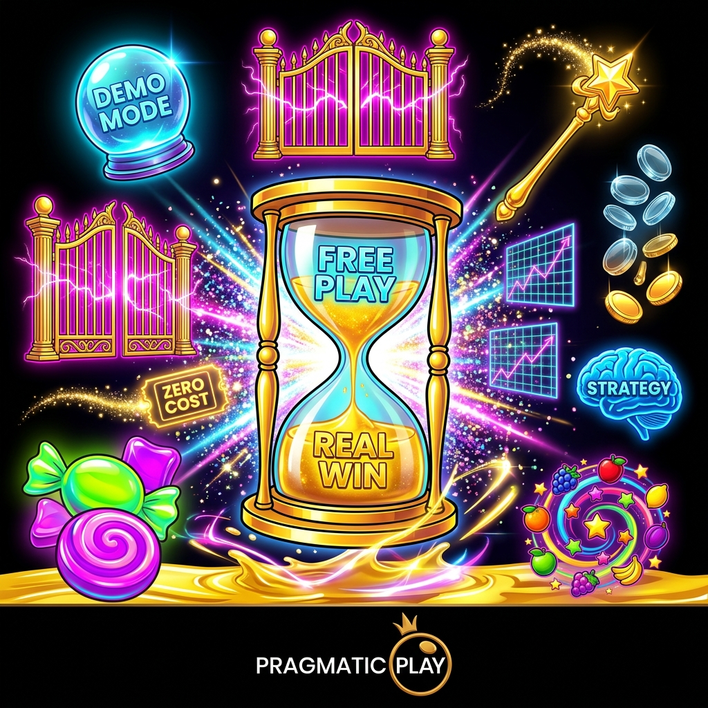 A vibrant pop-art illustration for Pragmatic Play demo slots, featuring iconic game elements like Gates of Olympus and Sweet Bonanza in a luxury black and gold theme with neon fuchsia and cyan accents.

