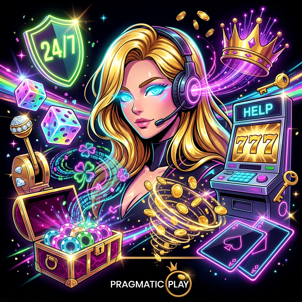 A vibrant, high-end neo-noir illustration for Pragmatic Play support hub featuring a stylized guide with neon eyes surrounded by golden slot machine elements, shimmering coins, and casino props in a luxurious black, gold, and neon color palette to assist players with online casino games.