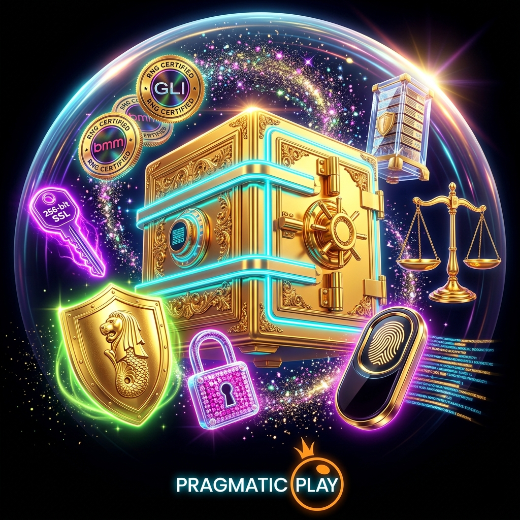 An elite cyber-baroque illustration representing data security for Pragmatic Play online casino games, featuring a golden vault, neon encryption keys, and fair play certification seals in a vibrant black and gold luxury theme.

