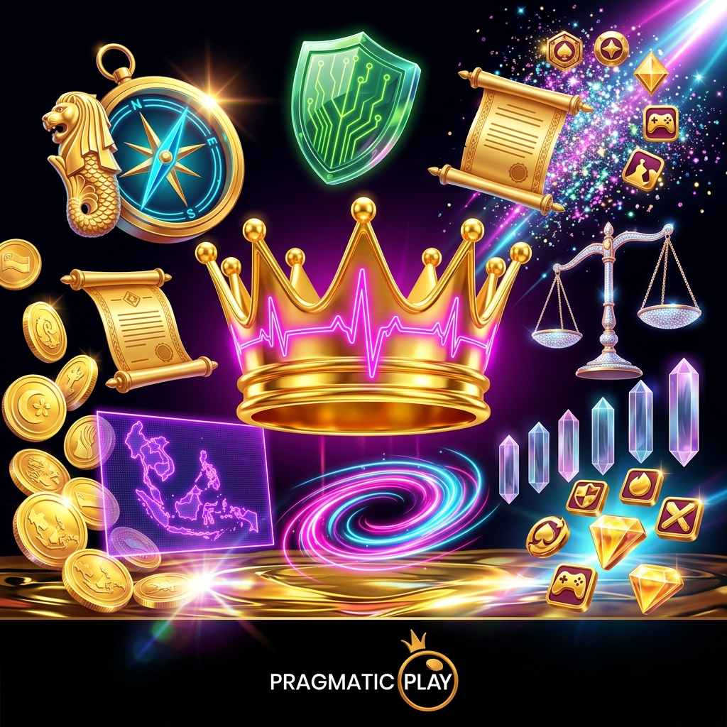 An elite avant-garde vector illustration representing the Pragmatic Play community mission in Singapore, featuring a golden crown, neon Southeast Asian map, and luxury symbols of integrity in a vibrant black and gold theme.