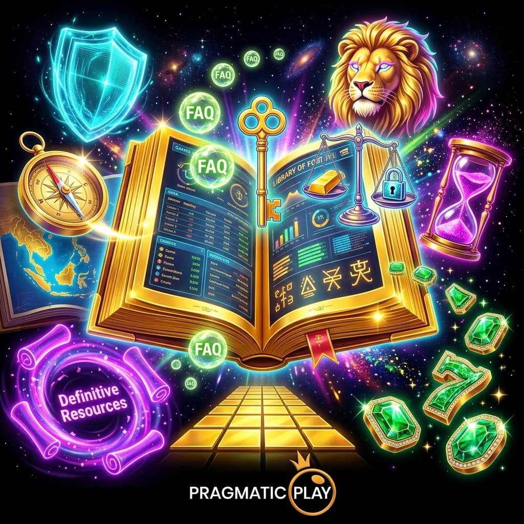 A majestic surreal fantasy illustration for the Pragmatic Play FAQ guide, featuring a golden digital monolith, neon security shields, and luxury casino props in a high-contrast black and gold theme for safe online gaming in Singapore.

