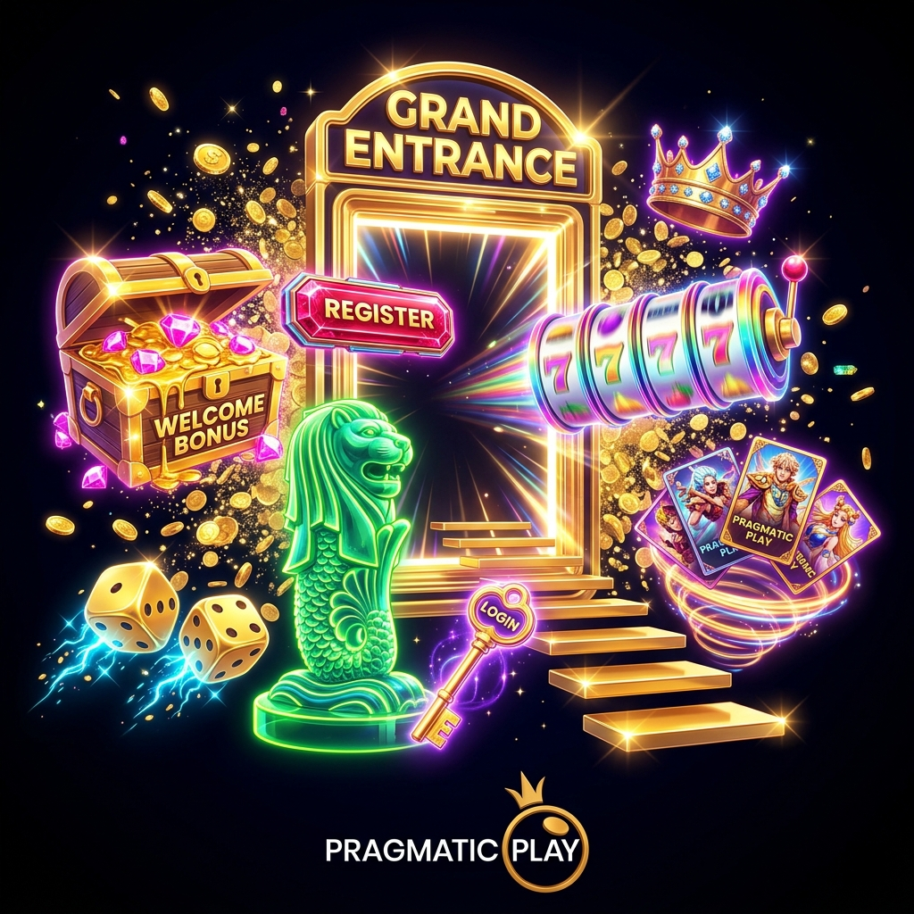An ultra-premium luxury anime-style illustration for Pragmatic Play, featuring a golden gaming portal, treasure chests of bonuses, and vibrant neon casino elements designed for the Singapore and Southeast Asian gaming community.