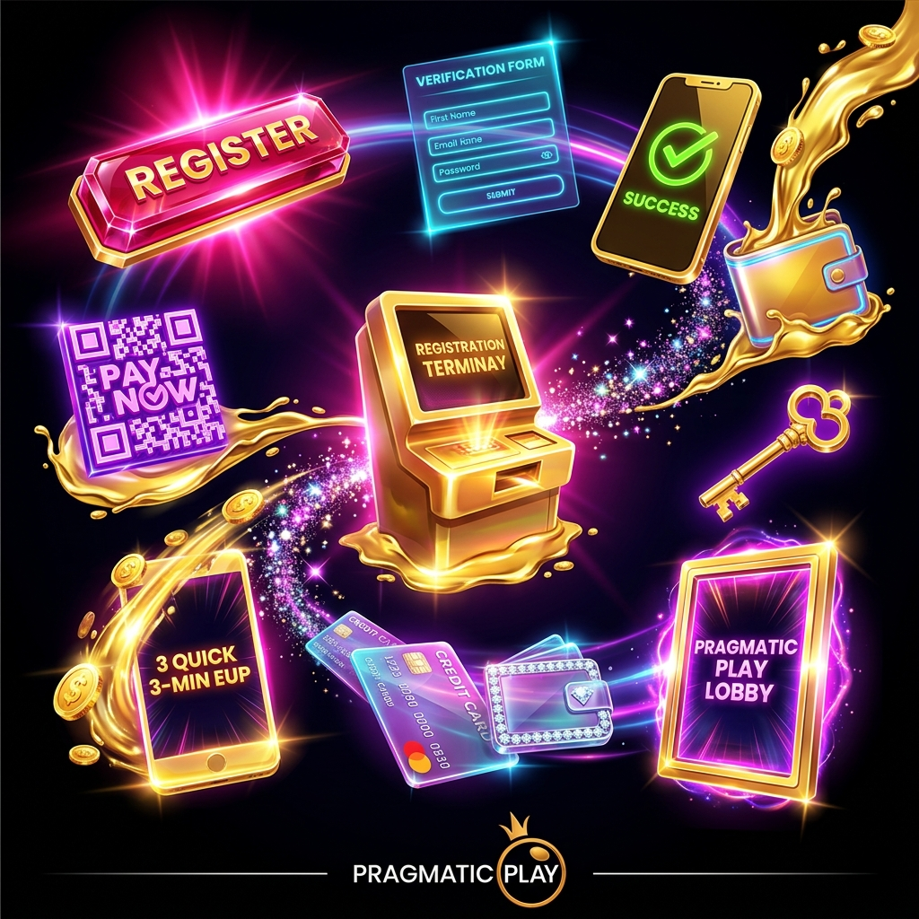 A high-energy stylized illustration showing the step-by-step registration process for Pragmatic Play slots, featuring golden registration buttons, neon verification icons, and luxury payment symbols in a vibrant black and gold theme.


