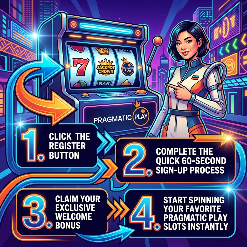 A bold and energetic 1:1 retro-futuristic poster image guiding new players through the quick registration process for an online casino. The image features a sleek slot machine, a confident Asian female presenter, and clear steps to register, claim a bonus, and start playing Pragmatic Play slots instantly. The design uses vibrant colors and dynamic lighting to create a sense of excitement and ease. A subtle Pragmatic Play logo is integrated into the design. This image aims to encourage immediate registration and engagement with the online casino platform.


