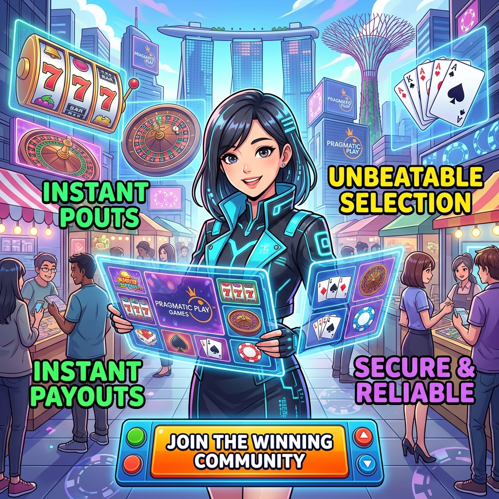 A vibrant 1:1 anime-style image showcasing the benefits of playing Pragmatic Play casino games in Singapore. An Asian female presenter in a modern outfit confidently displays a holographic library of games against a futuristic Singaporean cityscape. The image emphasizes instant payouts, a wide selection, and secure gaming, inviting players to join a winning community. This visual aims to attract Singaporean players seeking a reliable and exciting online casino experience.


