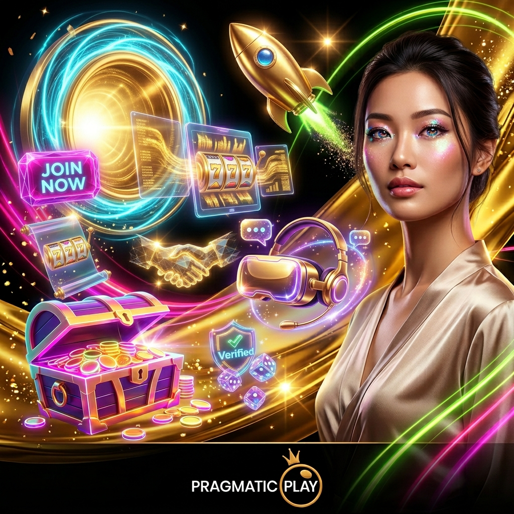 An ultra-premium mixed-media image featuring a realistic Asian female presenter and explosive neon props symbolizing the start of a gaming journey, featuring golden portals, 3D crystals, and Pragmatic Play branding in a high-contrast black and gold environment.