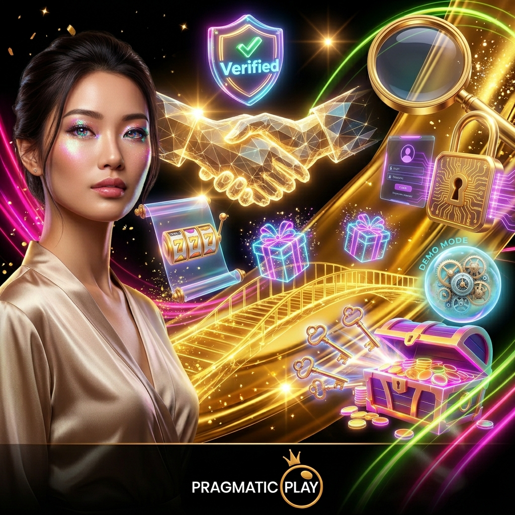 A luxurious mixed-media artwork featuring a realistic Asian female presenter and vibrant neon props symbolizing transparency, trust, and exclusive bonuses for online casino games, set in a high-contrast black and gold digital environment.