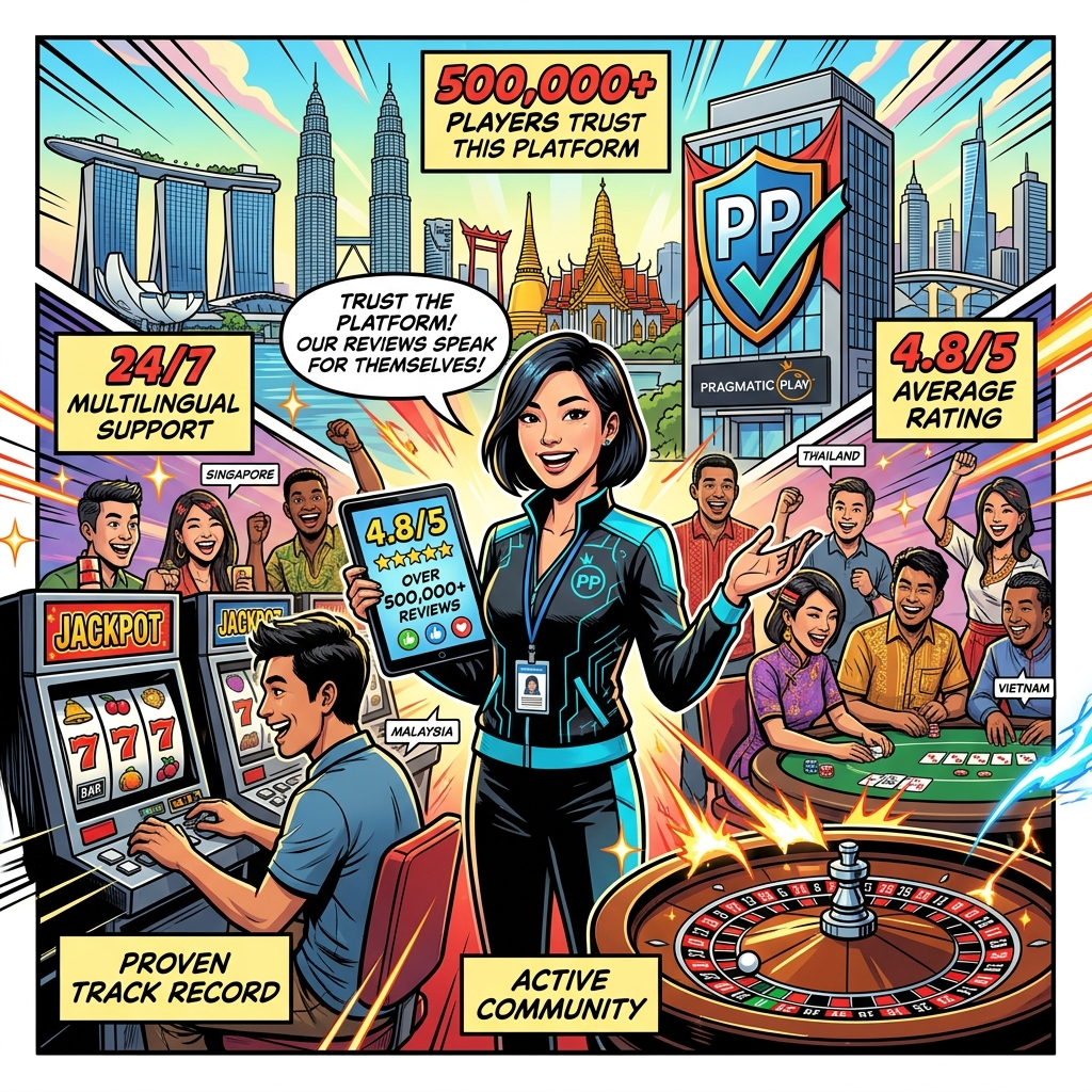 A vibrant 1:1 comic book style image showcasing a trusted online casino community with players from Singapore, Malaysia, and Thailand. An Asian female presenter stands surrounded by smiling players, highlighting positive reviews and support. Text overlays emphasize the platform’s popularity, ratings, and multilingual customer service. A subtle Pragmatic Play logo is integrated into the scene. This image aims to build trust and encourage new players to join a thriving and reliable online gaming community.


